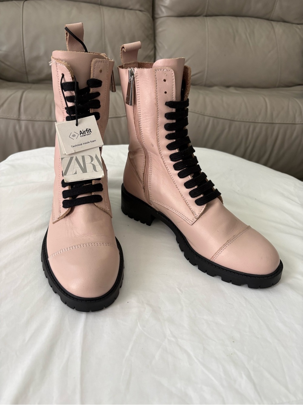 ZARA Blush Pink Leather Combat Boots with Black Laces Size 6 New With Tag
